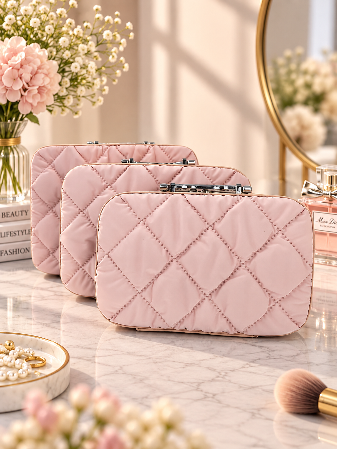 Quilted pink vanity case set, stacked view, diamond stitch and zip closure